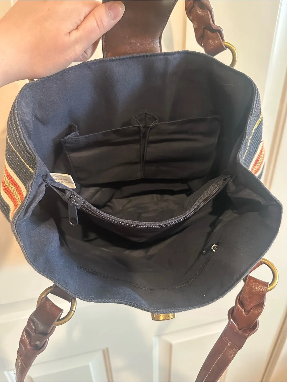 Croft & Barrow Striped Navy and Red Tote Bag with Brown Trim Turn Lock Closure